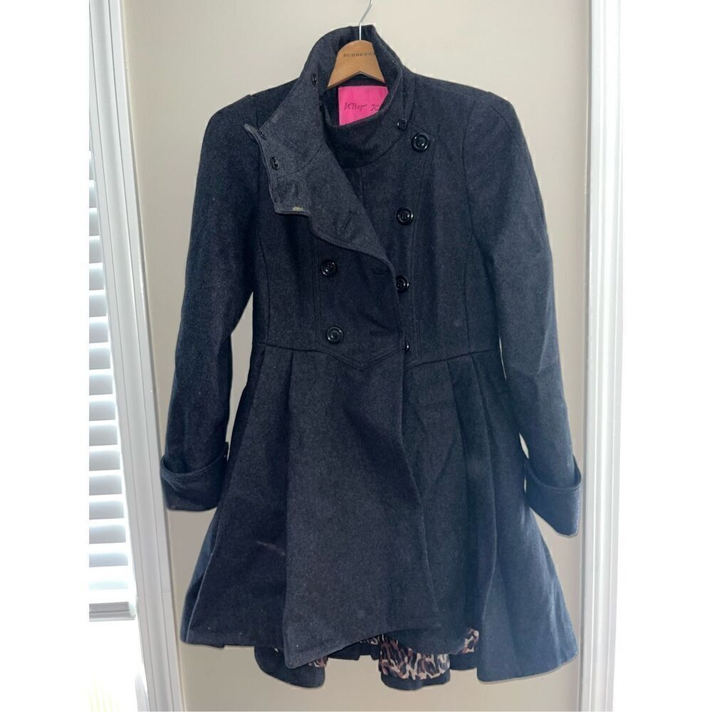 Betsey Johnson Wool blend Peplum Peacoat Gray Size 4 Cheetah Lined